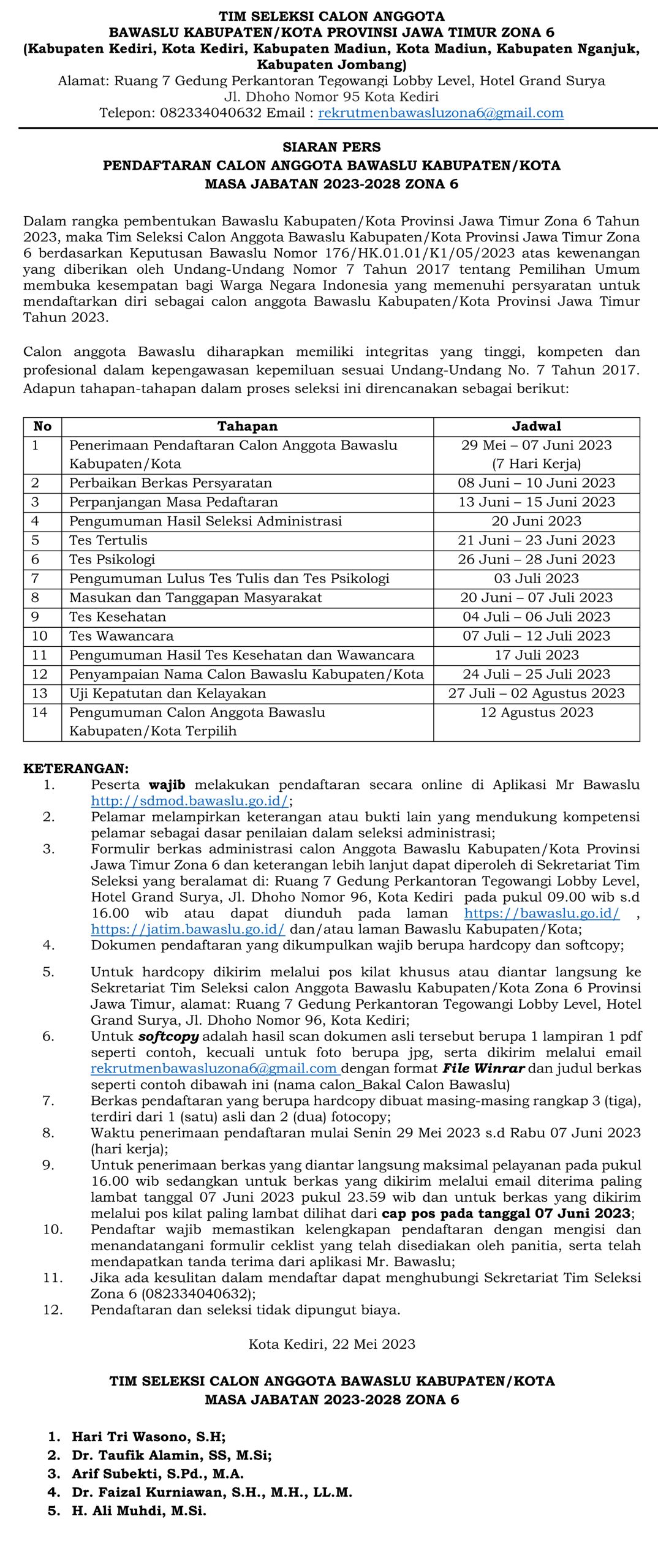 Pengumuman Bawaslu Kota Kediri